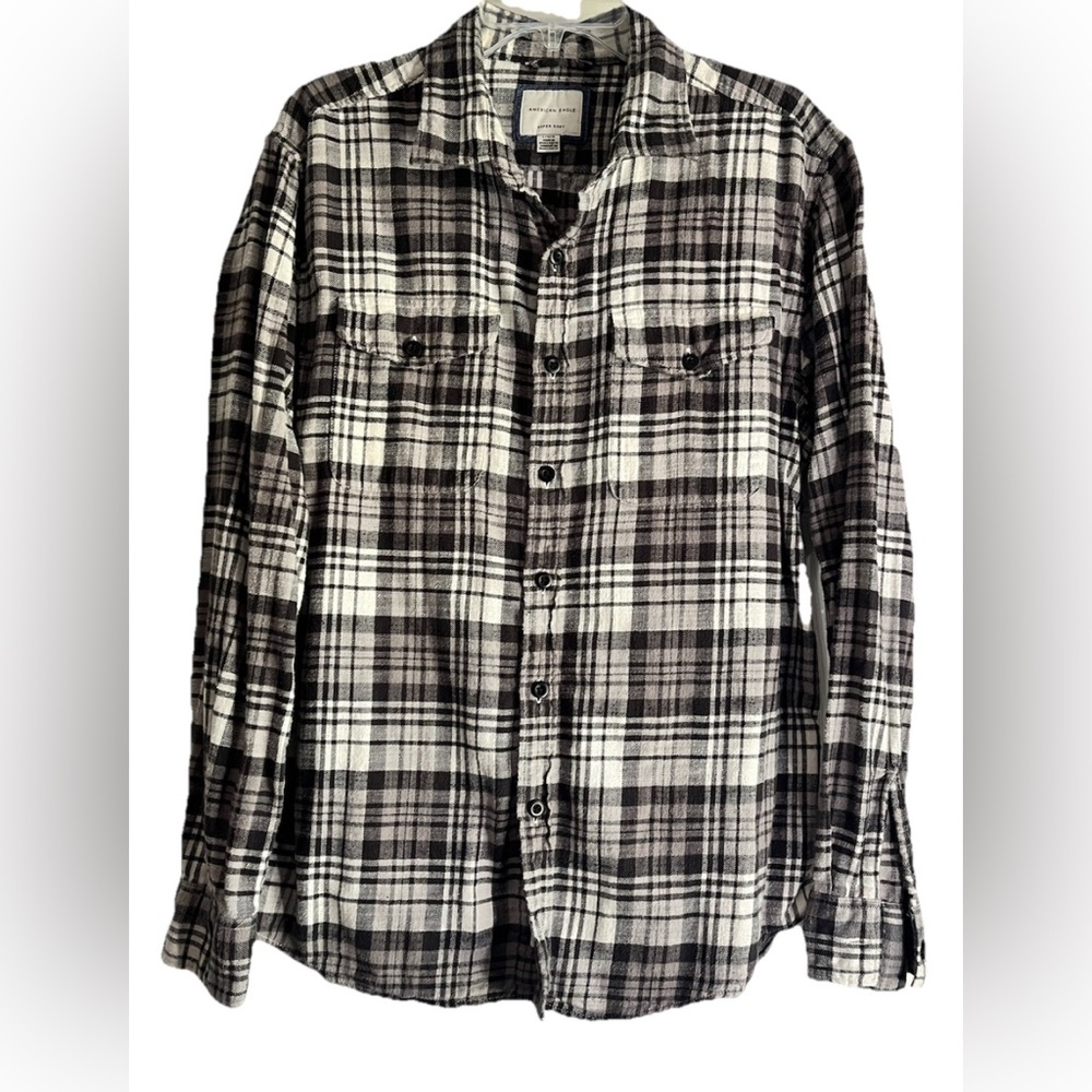 American Eagle Super Soft Black and White Plaid Flannel Shirt Men’s Large